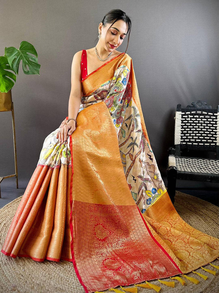 Wedding Wear Cream Color Kanjivram Silk Saree