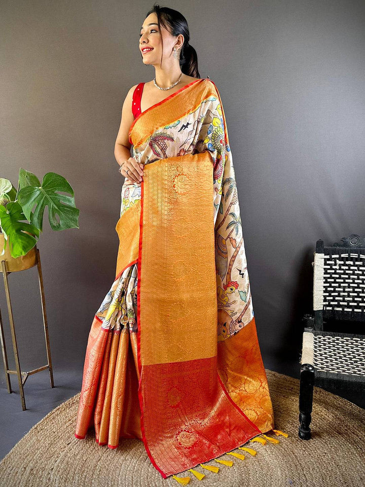 Wedding Wear Cream Color Kanjivram Silk Saree
