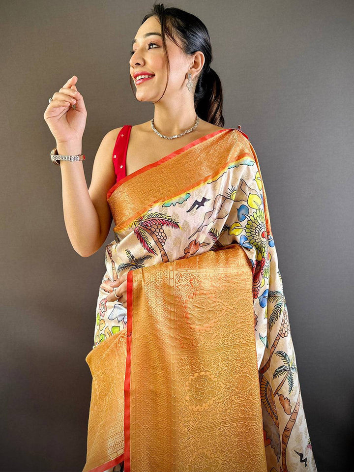 Wedding Wear Cream Color Kanjivram Silk Saree