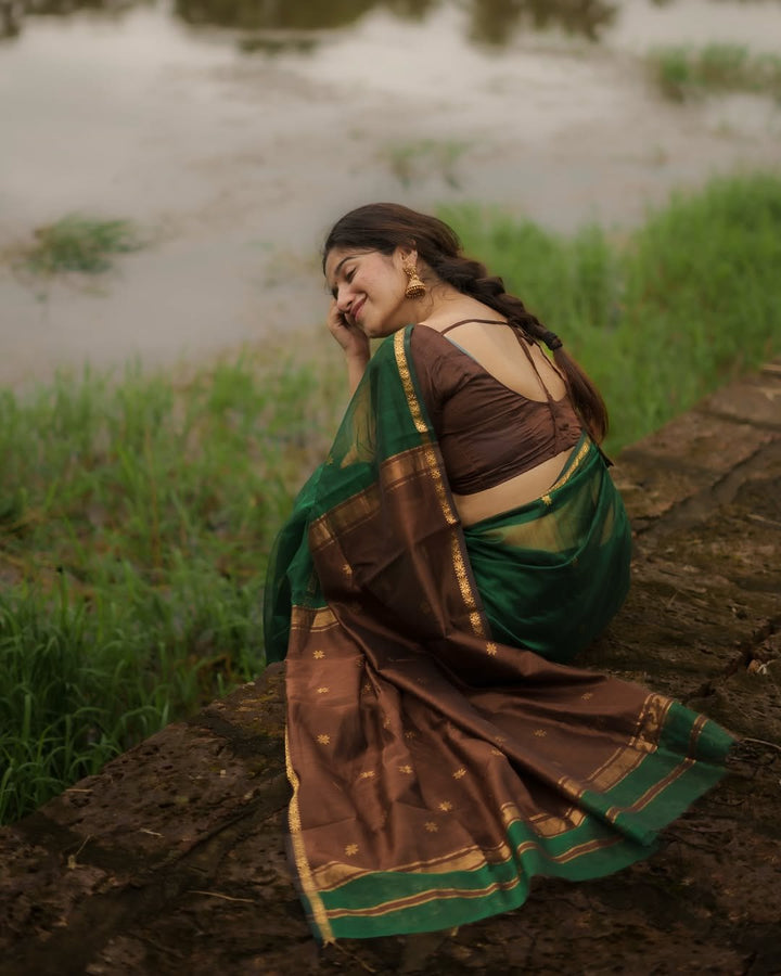 Wedding Wear Dark Green Coffee Brown Color Maheshwari Silk Saree