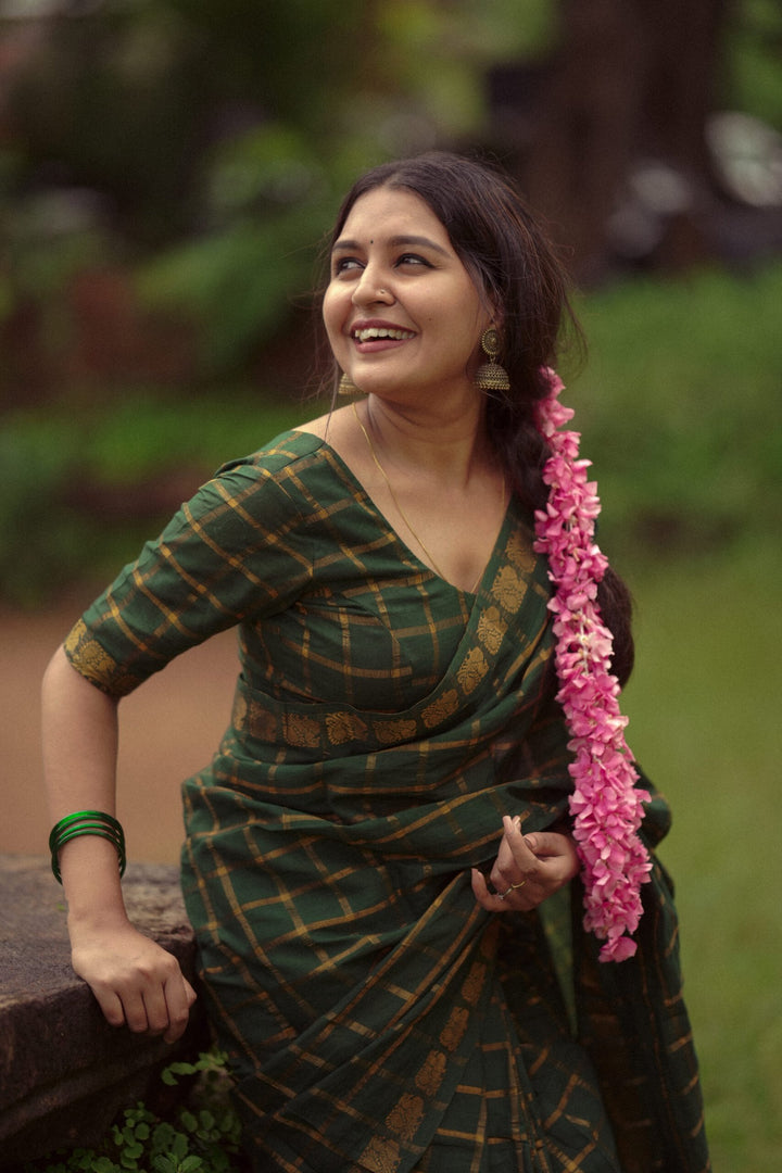 Wedding Wear Dark Green Color Cotton Silk Saree