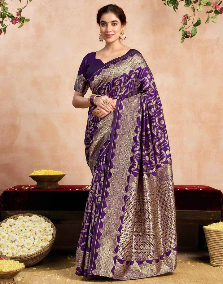 Wedding Wear Dark Purple Color Banarasi Silk Woven Saree