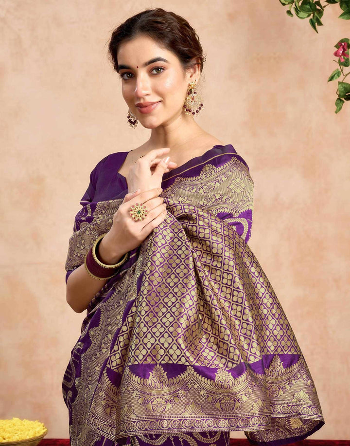 Wedding Wear Dark Purple Color Banarasi Silk Woven Saree