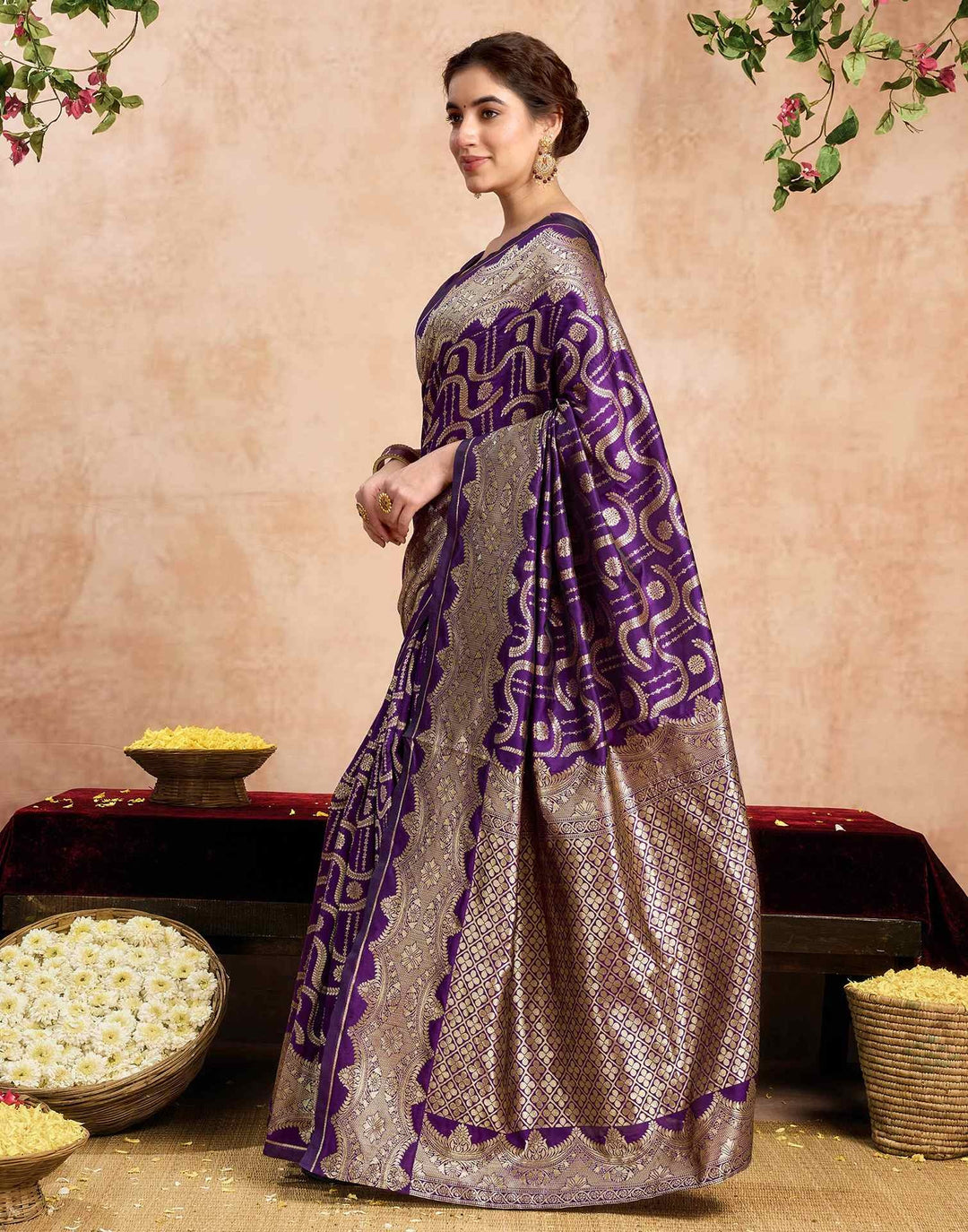 Wedding Wear Dark Purple Color Banarasi Silk Woven Saree