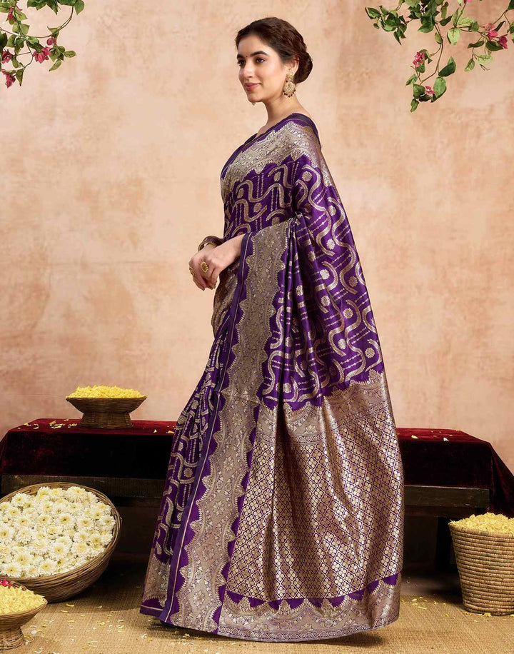 Wedding Wear Dark Purple Color Banarasi Silk Woven Saree