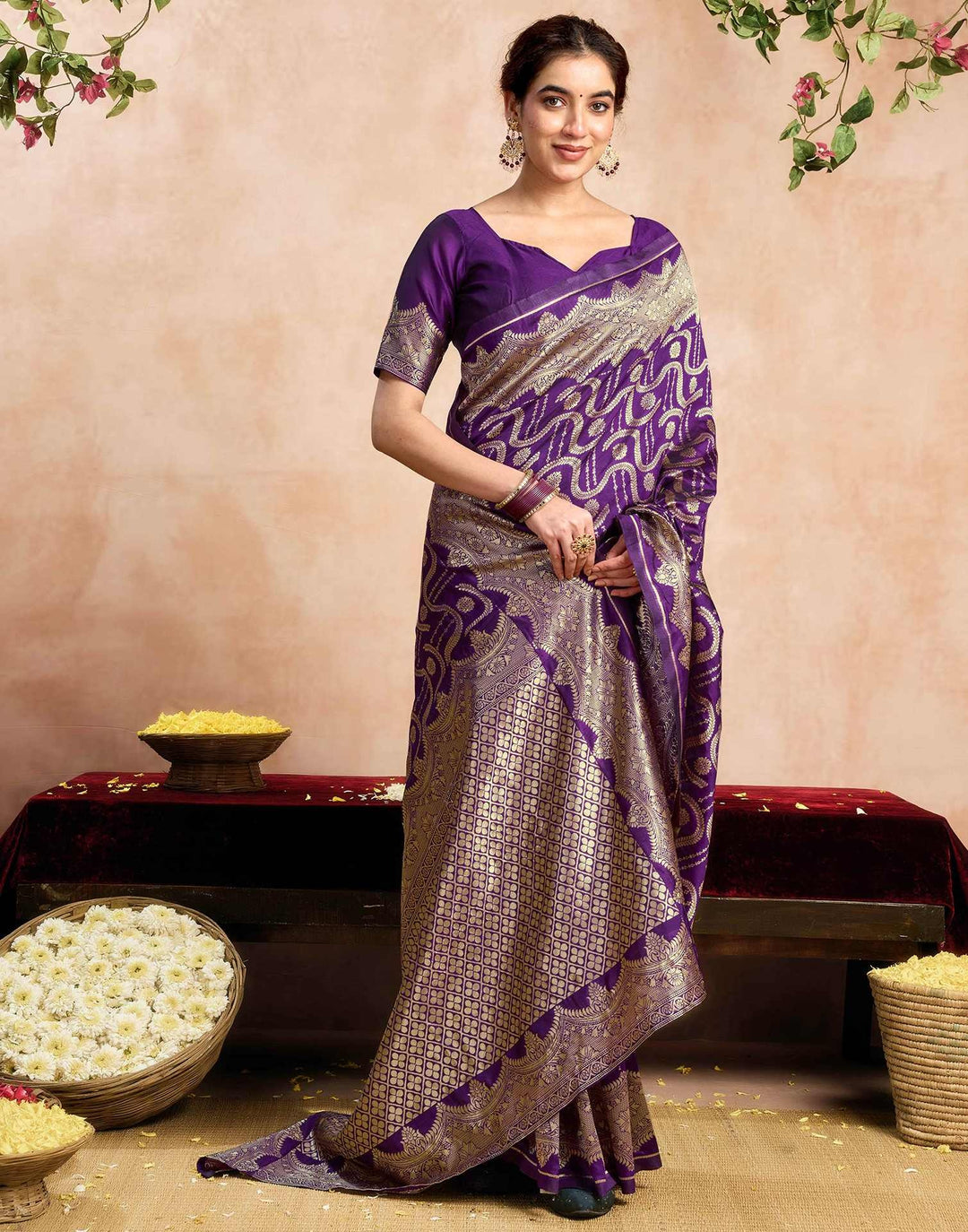 Wedding Wear Dark Purple Color Banarasi Silk Woven Saree