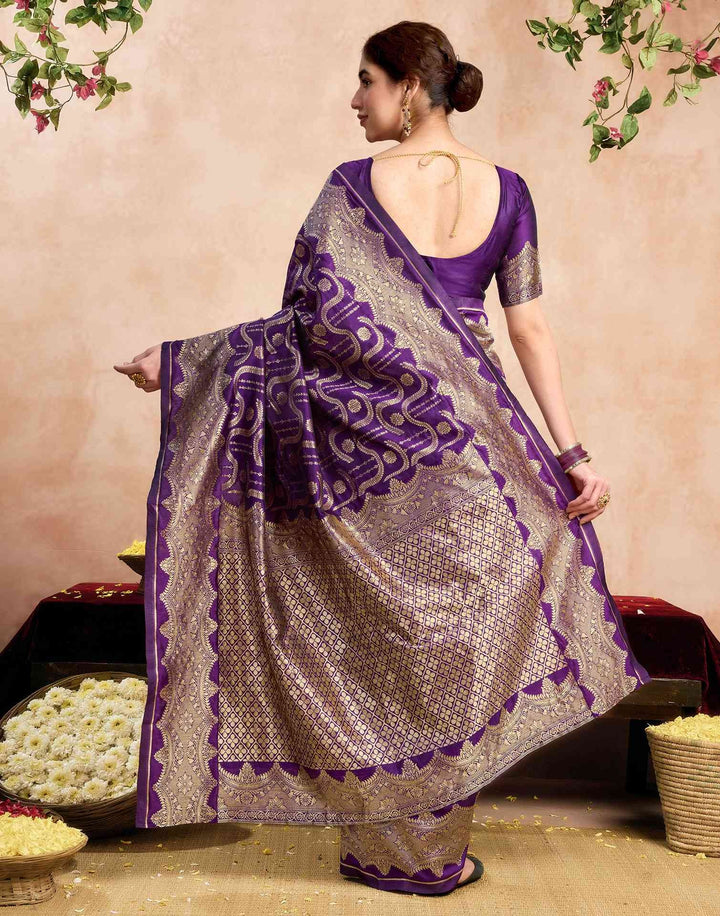 Wedding Wear Dark Purple Color Banarasi Silk Woven Saree