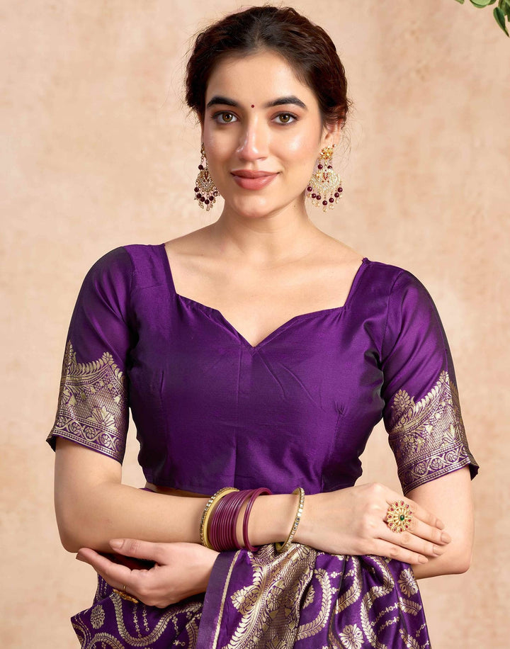 Wedding Wear Dark Purple Color Banarasi Silk Woven Saree