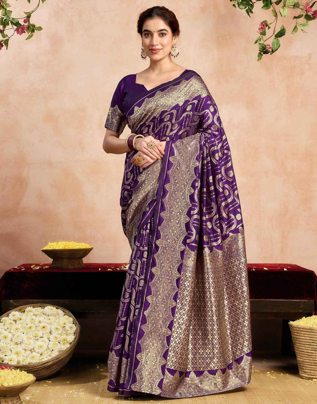 Wedding Wear Dark Purple Color Banarasi Silk Woven Saree