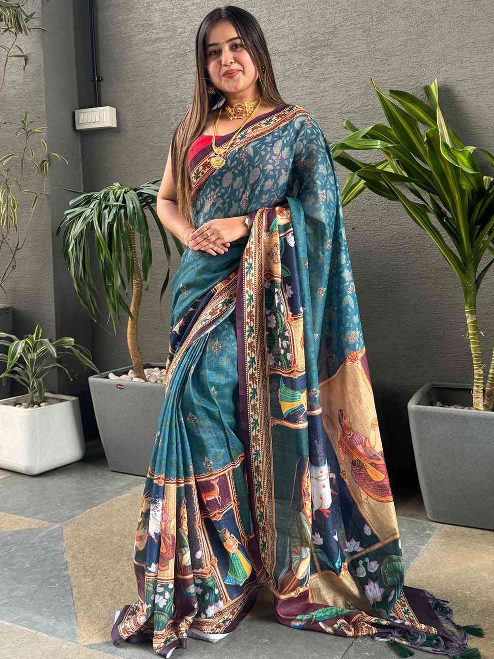 Wedding Wear Firozi color Linen Silk Saree With Digital Print