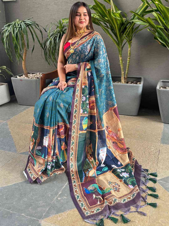 Wedding Wear Firozi color Linen Silk Saree With Digital Print