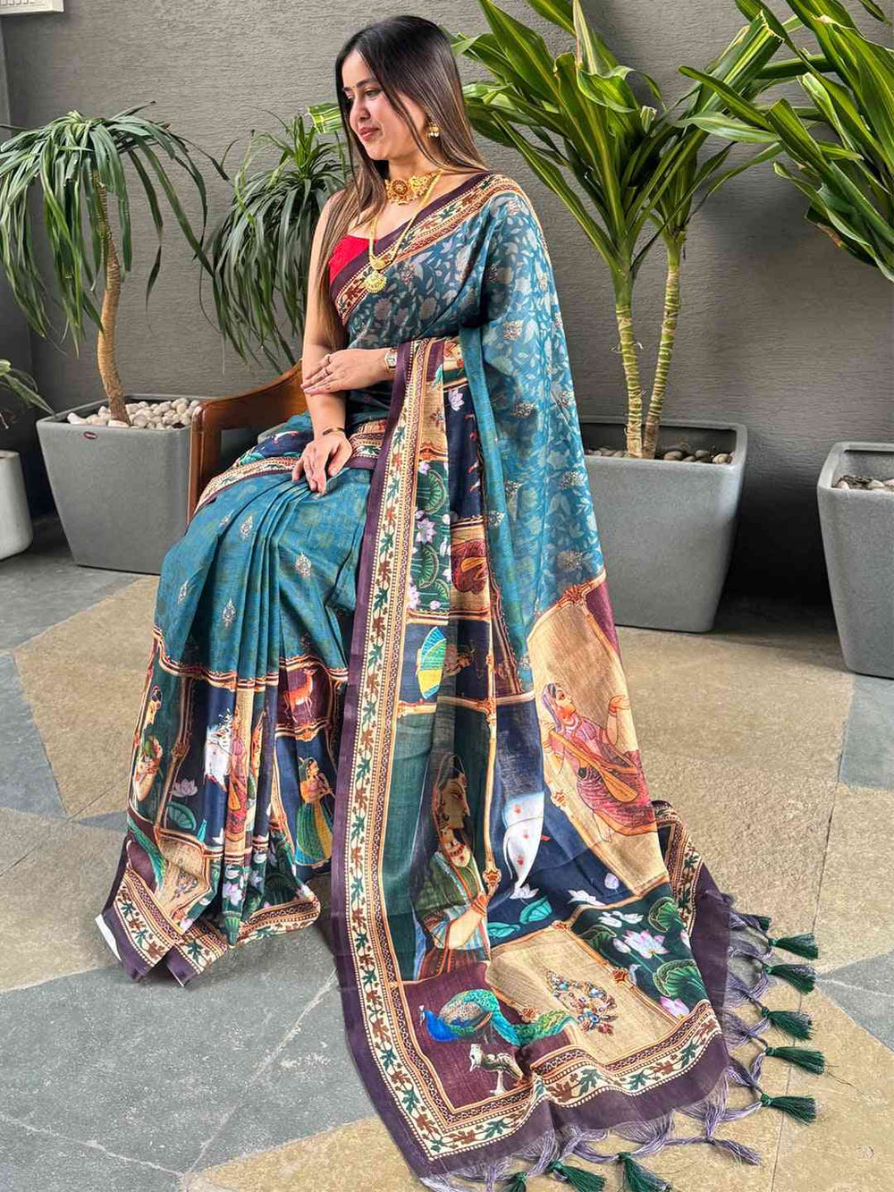 Wedding Wear Firozi color Linen Silk Saree With Digital Print