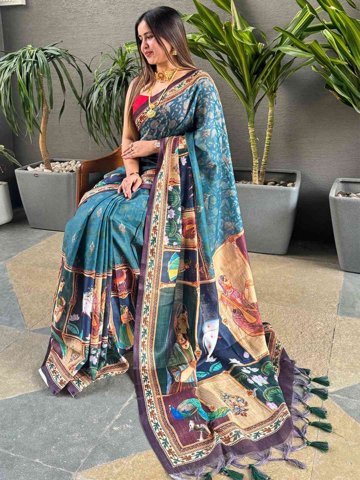 Wedding Wear Firozi color Linen Silk Saree With Digital Print