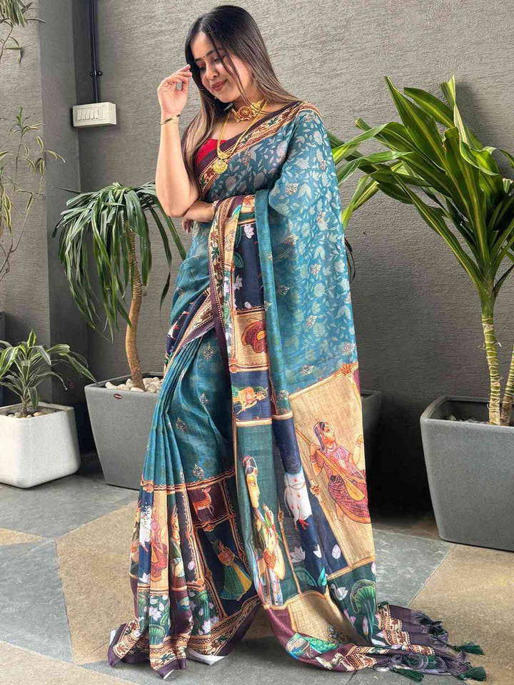 Wedding Wear Firozi color Linen Silk Saree With Digital Print