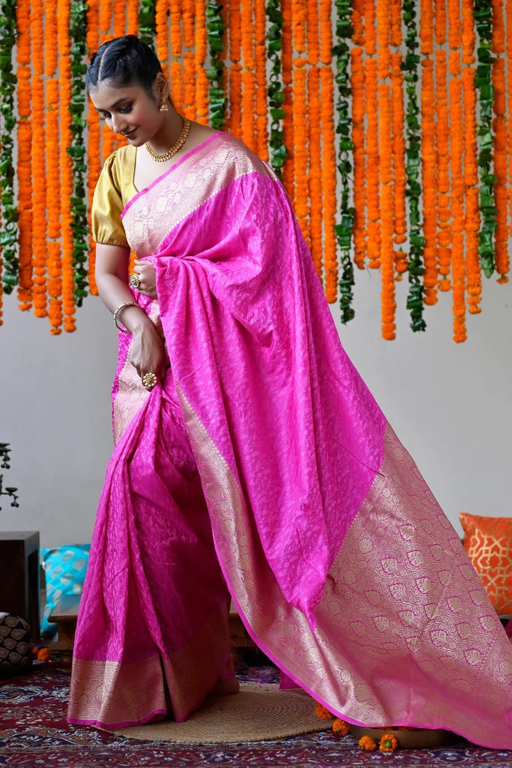 Wedding Wear Hot Pink Color Banarasi Silk Saree
