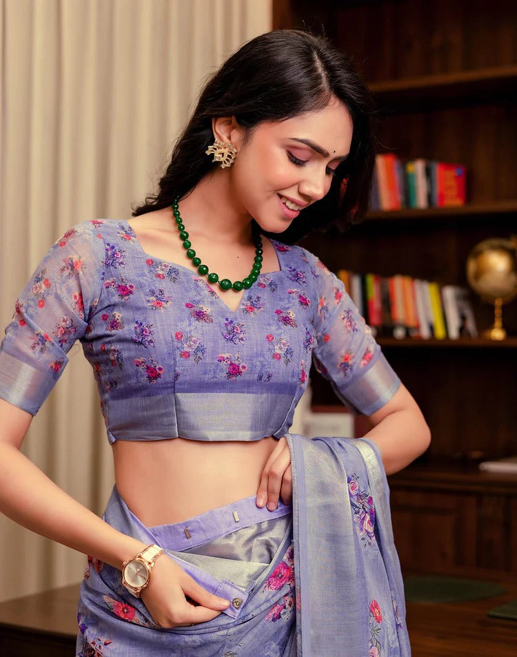 Wedding Wear Lavender Color Linen Silk Printed Saree