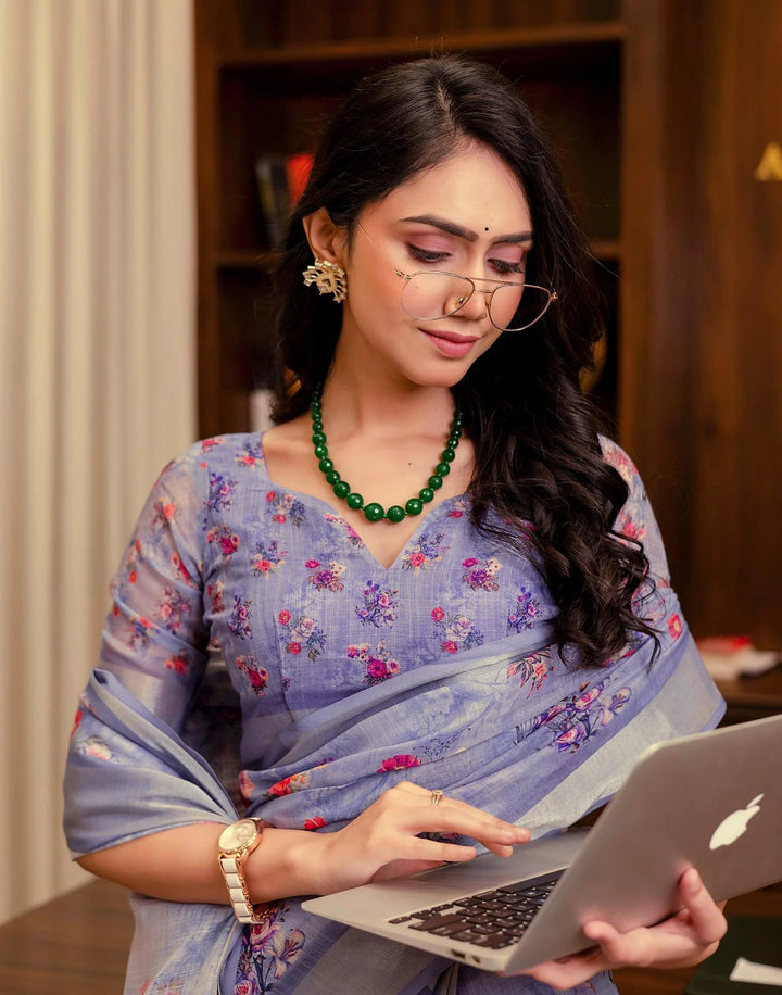Wedding Wear Lavender Color Linen Silk Printed Saree