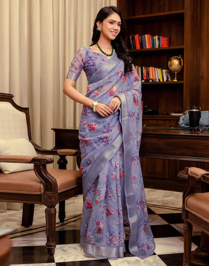 Wedding Wear Lavender Color Linen Silk Printed Saree
