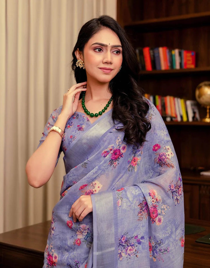 Wedding Wear Lavender Color Linen Silk Printed Saree