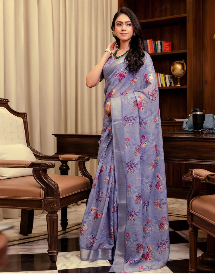 Wedding Wear Lavender Color Linen Silk Printed Saree