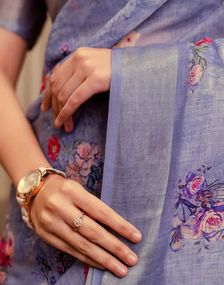 Wedding Wear Lavender Color Linen Silk Printed Saree