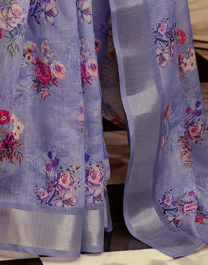 Wedding Wear Lavender Color Linen Silk Printed Saree