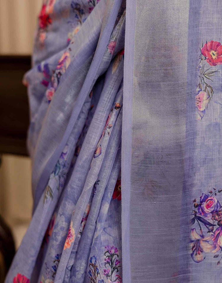 Wedding Wear Lavender Color Linen Silk Printed Saree