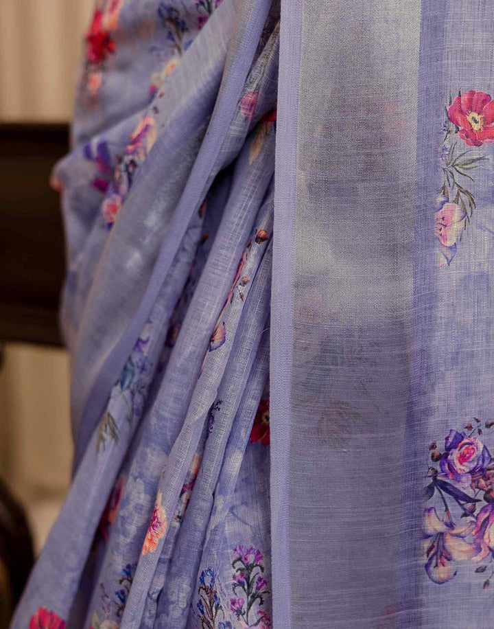 Wedding Wear Lavender Color Linen Silk Printed Saree