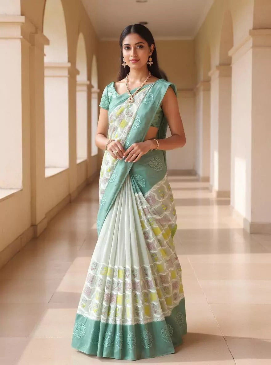 Wedding Wear Light Grey Color Tissue Silk Saree