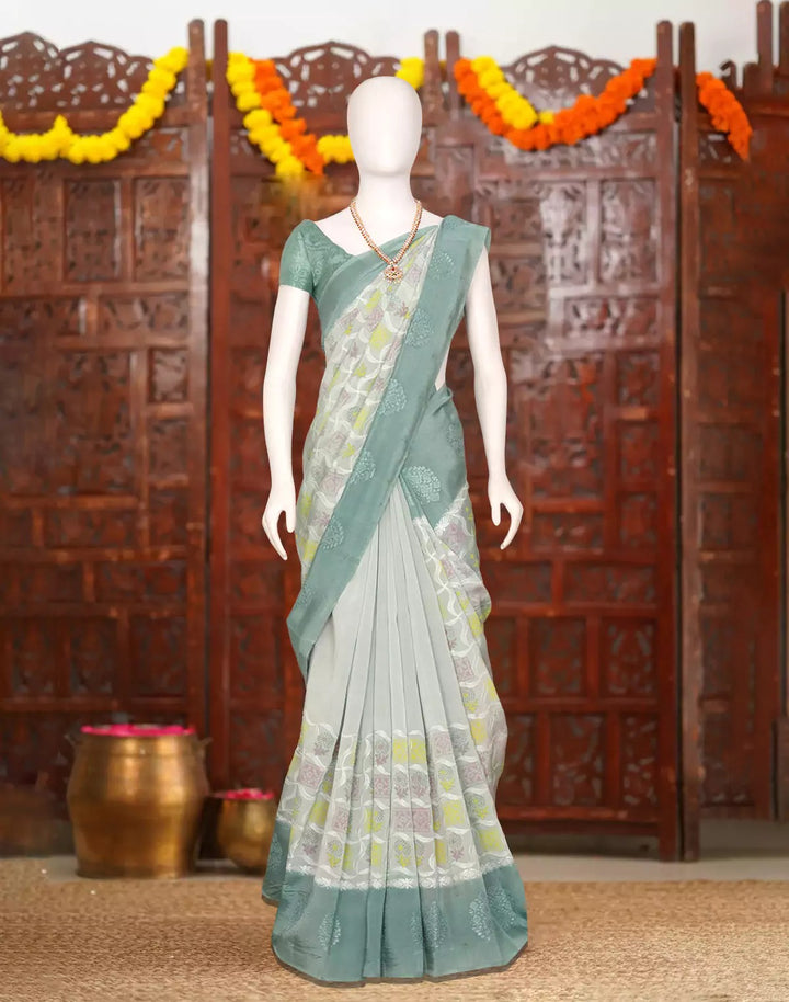Wedding Wear Light Grey Color Tissue Silk Saree