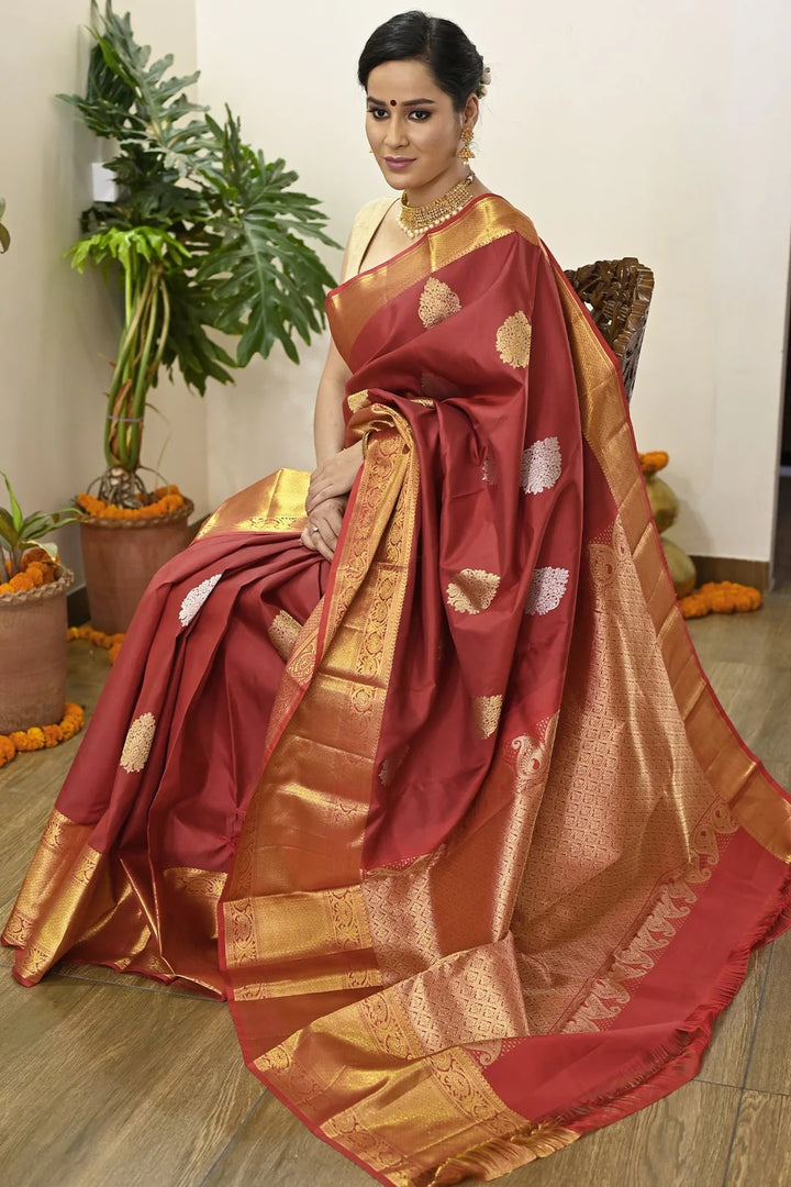 Wedding Wear Maroon Color Kanjivaram Saree With Richness Of Zari