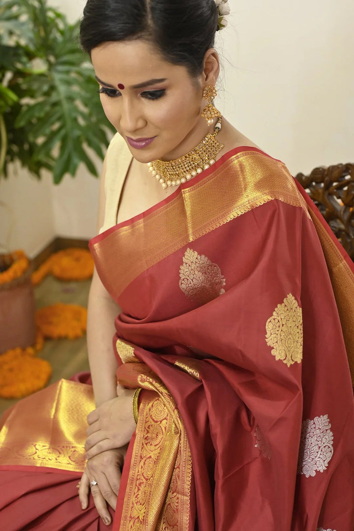 Wedding Wear Maroon Color Kanjivaram Saree With Richness Of Zari