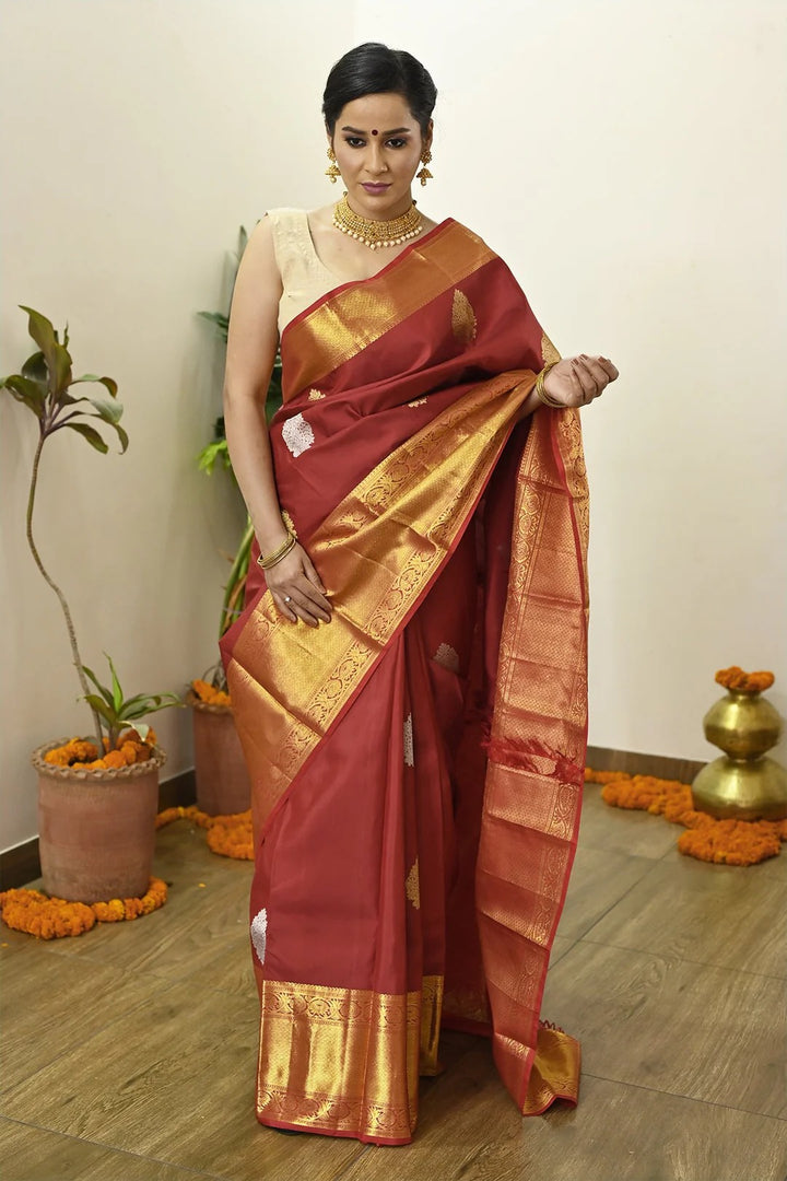 Wedding Wear Maroon Color Kanjivaram Saree With Richness Of Zari