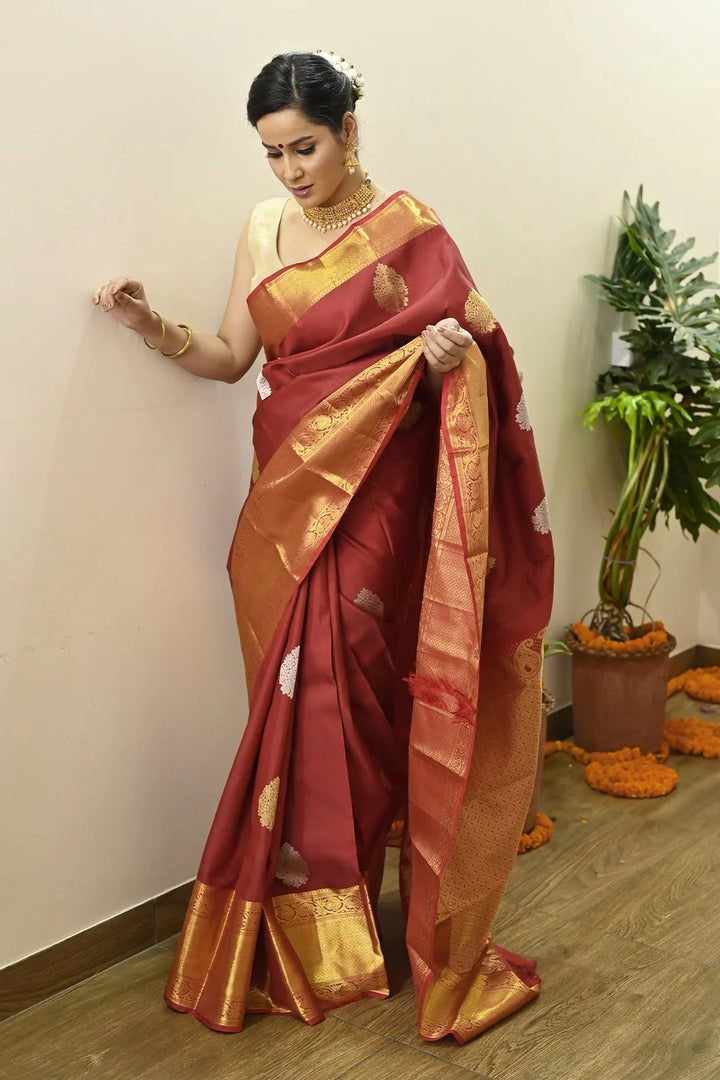 Wedding Wear Maroon Color Kanjivaram Saree With Richness Of Zari