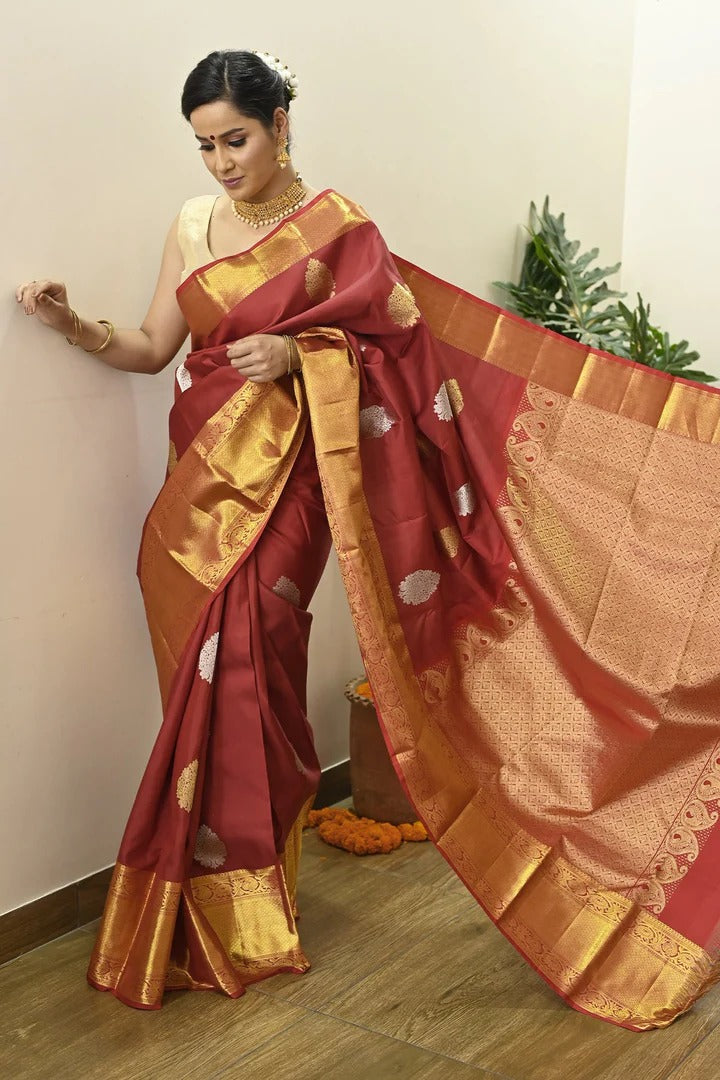 Wedding Wear Maroon Color Kanjivaram Saree With Richness Of Zari
