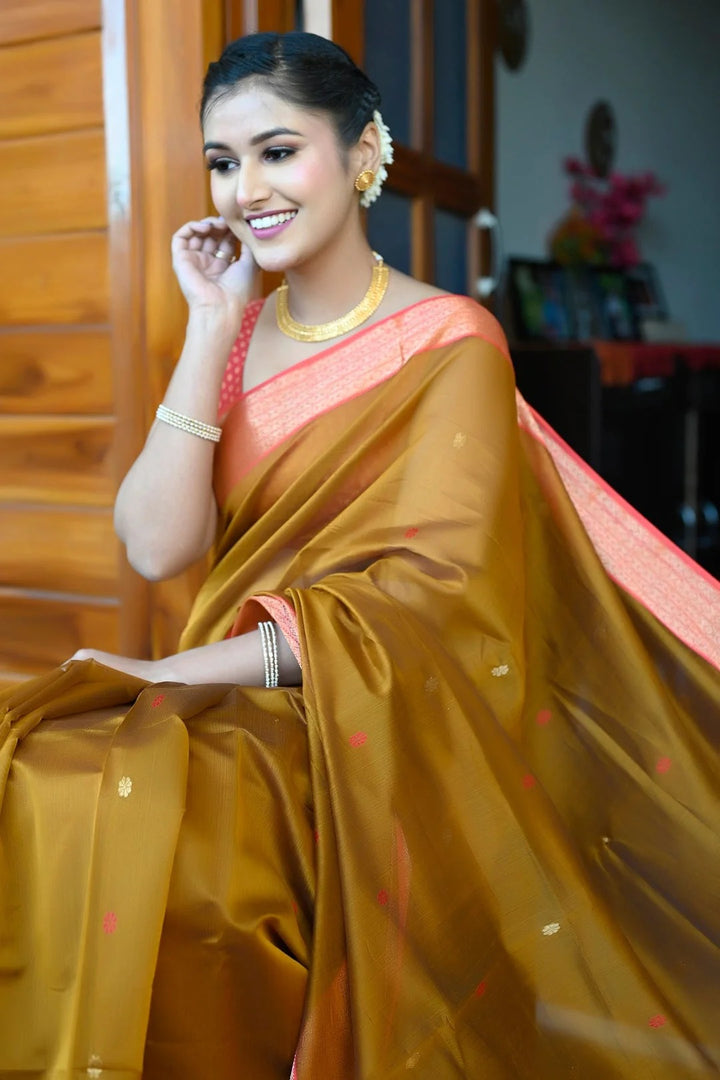 Wedding Wear Mustard Yellow And Red Pure Maheshwari Saree With Thread Work