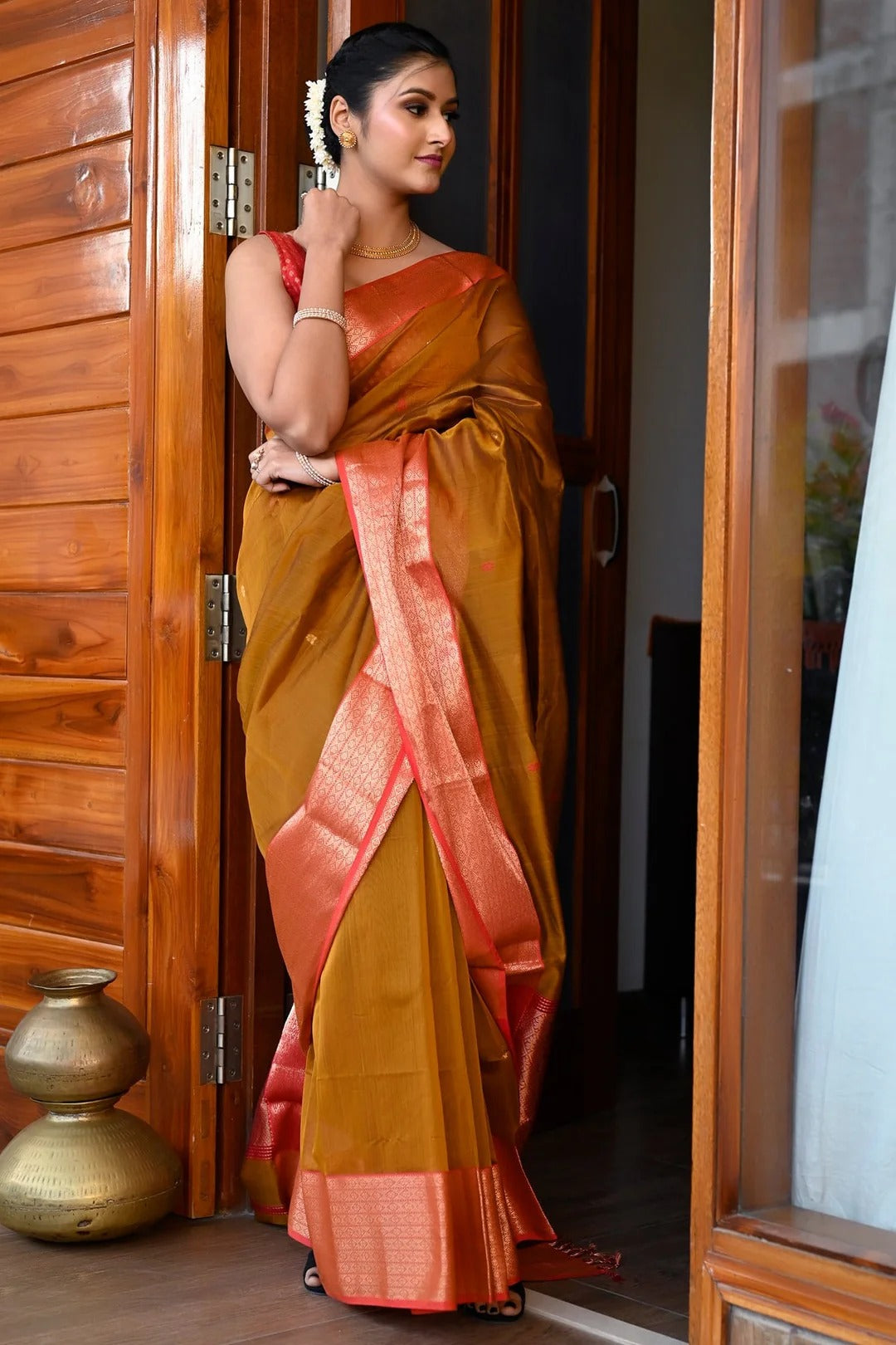Wedding Wear Mustard Yellow And Red Pure Maheshwari Saree With Thread Work