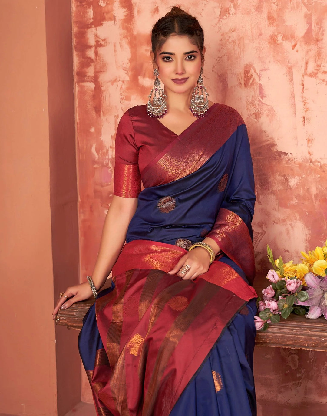 Wedding Wear Navy Blue Color Banarasi Silk Woven Saree