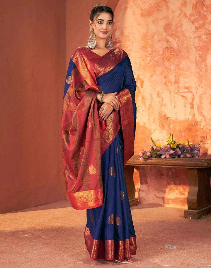 Wedding Wear Navy Blue Color Banarasi Silk Woven Saree