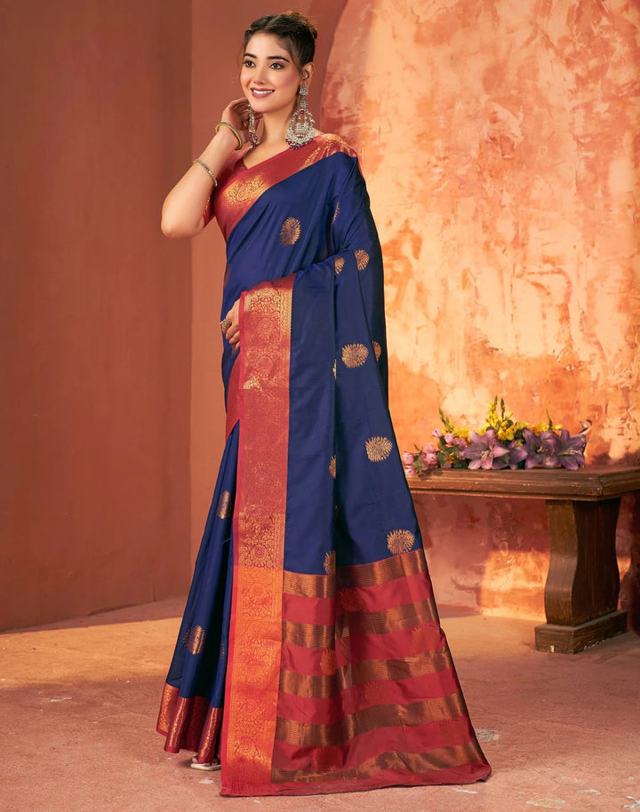 Wedding Wear Navy Blue Color Banarasi Silk Woven Saree