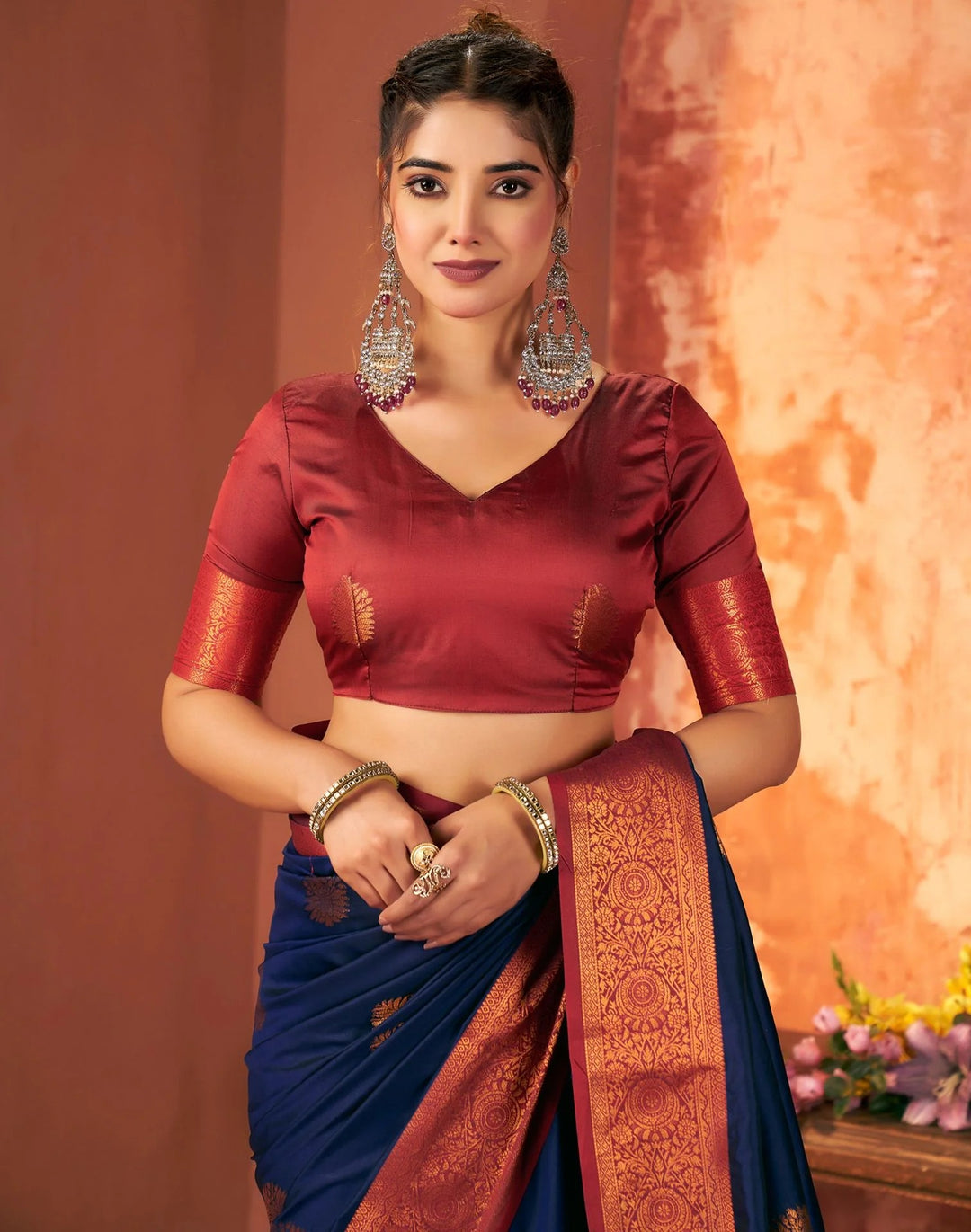Wedding Wear Navy Blue Color Banarasi Silk Woven Saree