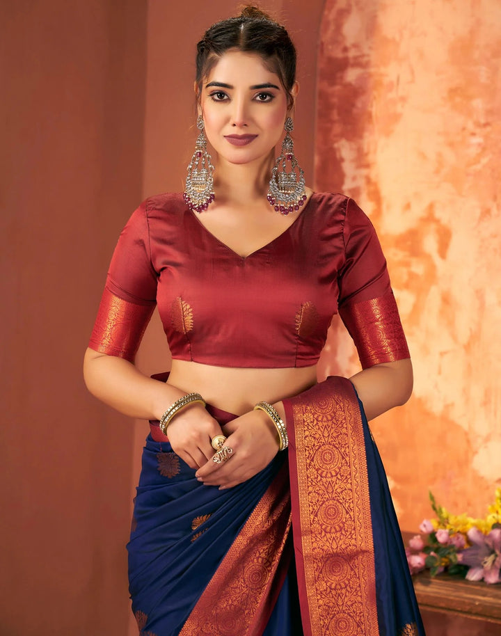 Wedding Wear Navy Blue Color Banarasi Silk Woven Saree