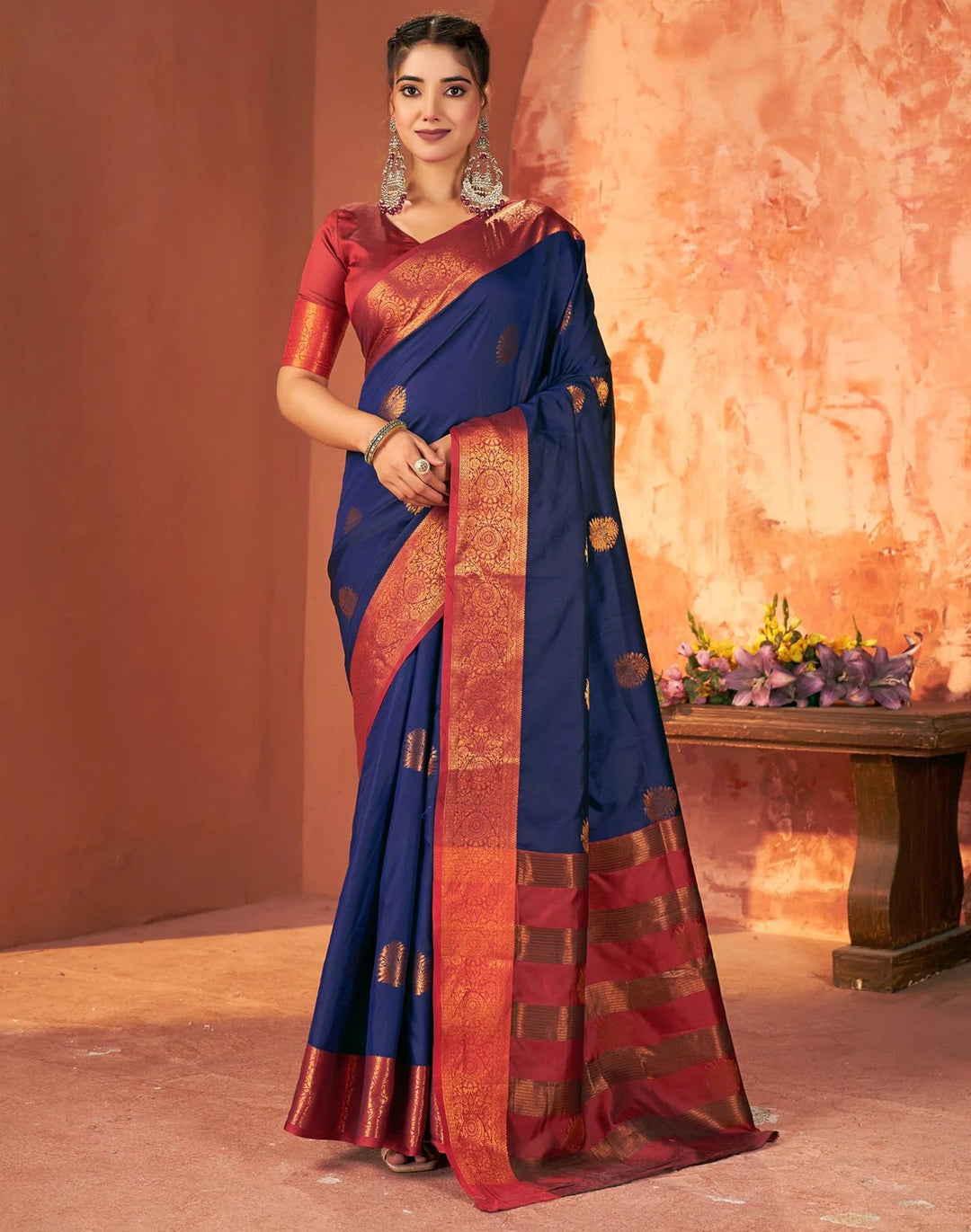 Wedding Wear Navy Blue Color Banarasi Silk Woven Saree