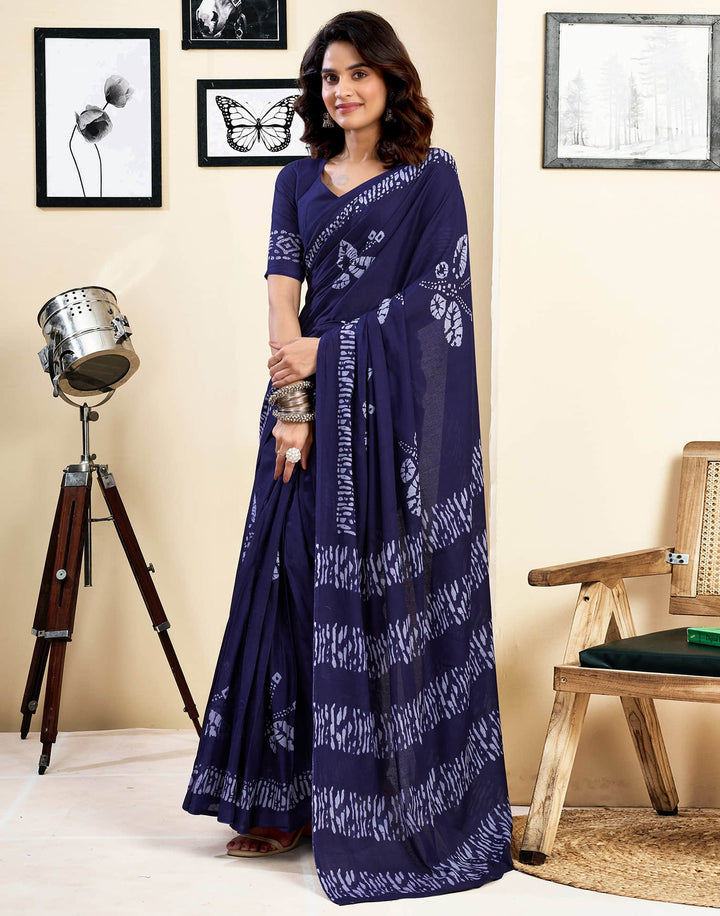 Wedding Wear Navy Blue Color Cotton Printed Saree With Pocket