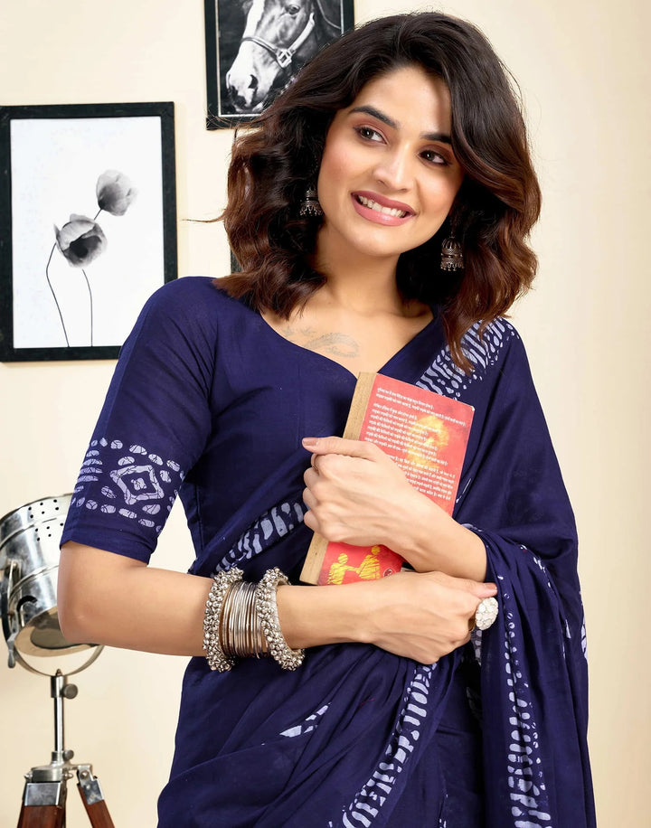 Wedding Wear Navy Blue Color Cotton Printed Saree With Pocket