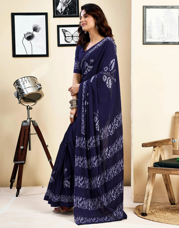 Wedding Wear Navy Blue Color Cotton Printed Saree With Pocket