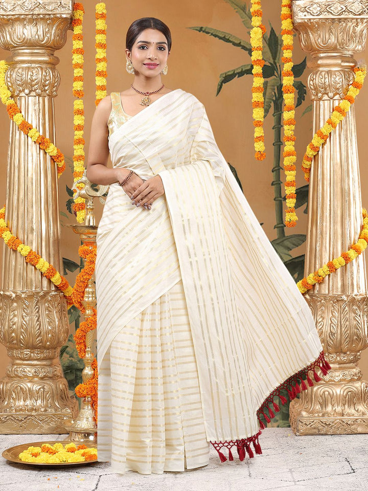 Wedding Wear Off-White Color Cotton Soft Silk Saree