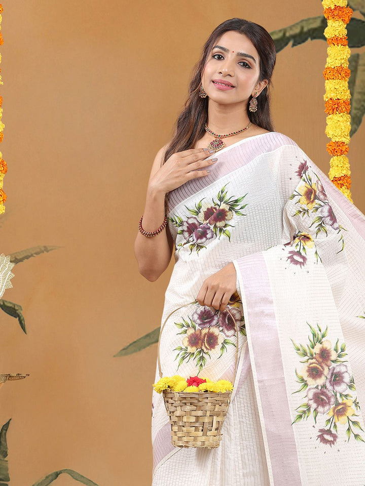 Wedding Wear Off-White Color Cotton Soft Silk Saree