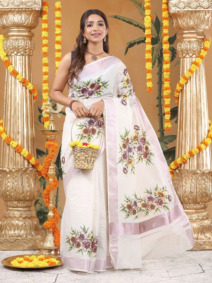 Wedding Wear Off-White Color Cotton Soft Silk Saree