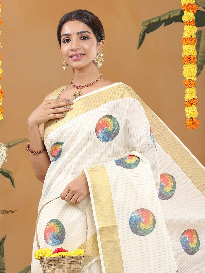 Wedding Wear Off-White Color Cotton Soft Silk Saree